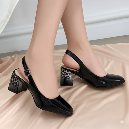 Patent Leather Slingback Block Heels with Leopard Print Heel
