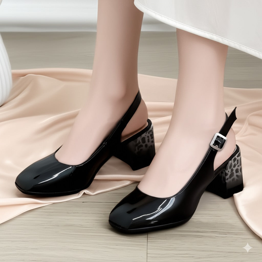 Patent Leather Slingback Block Heels with Leopard Print Heel