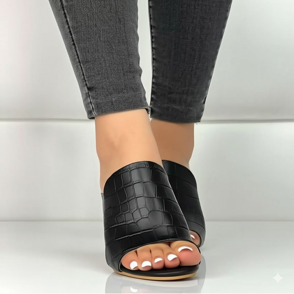 Black Croc Effect Heel Mules