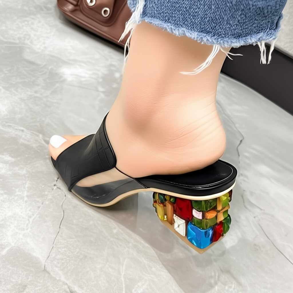 Black Croc Effect Heel Mules