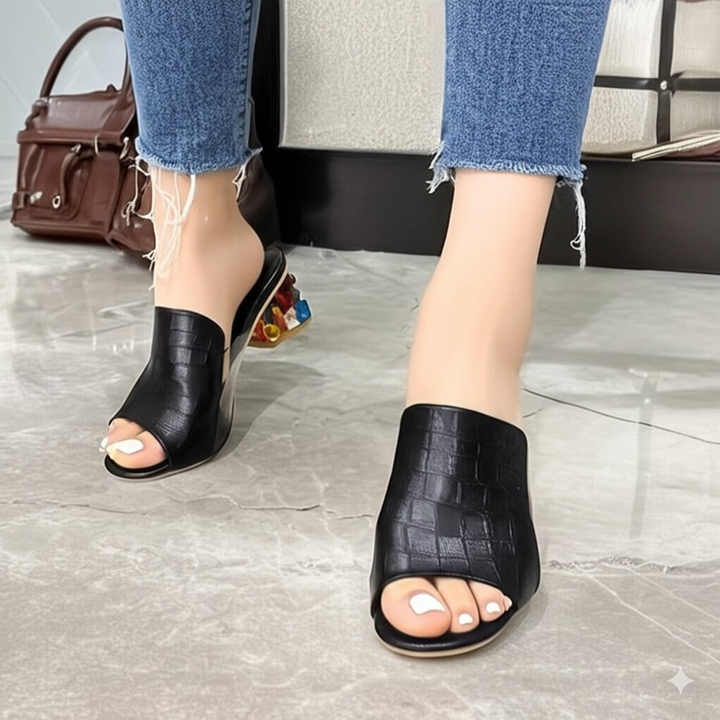 Black Croc Effect Heel Mules
