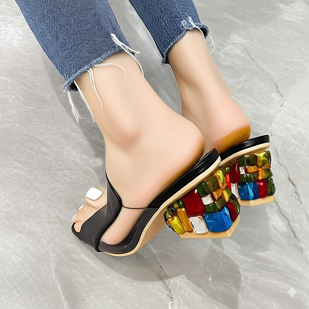 Black Croc Effect Heel Mules