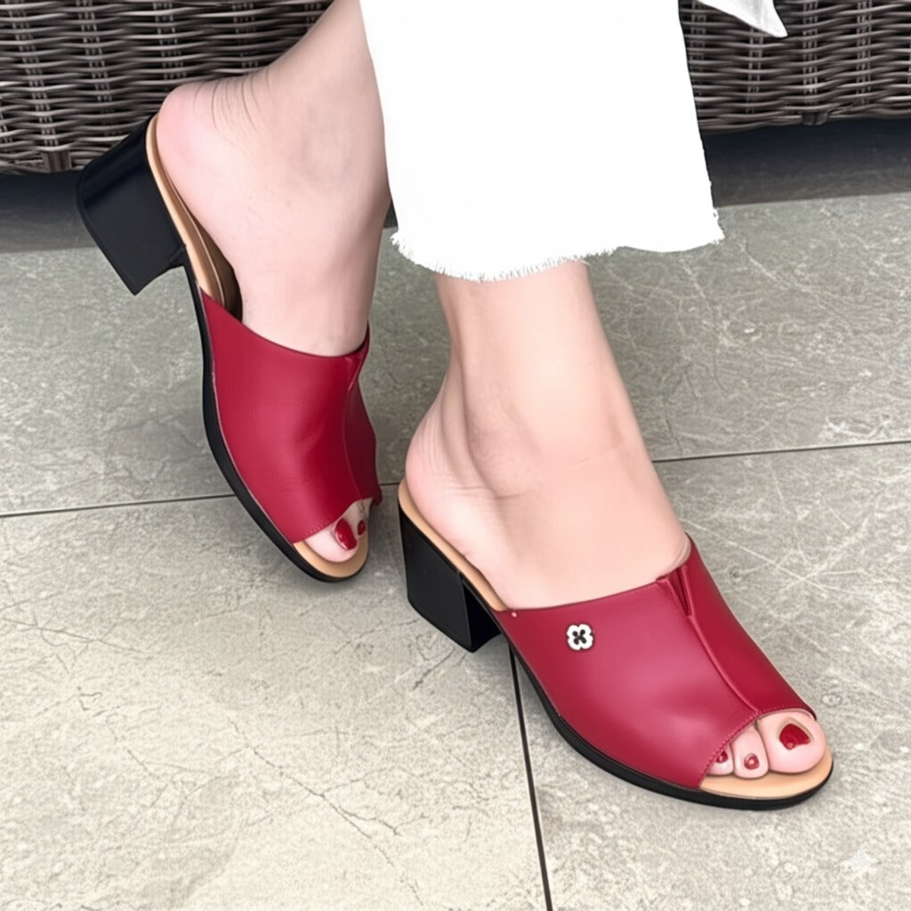Red Leather Open Toe Block Heel Mules