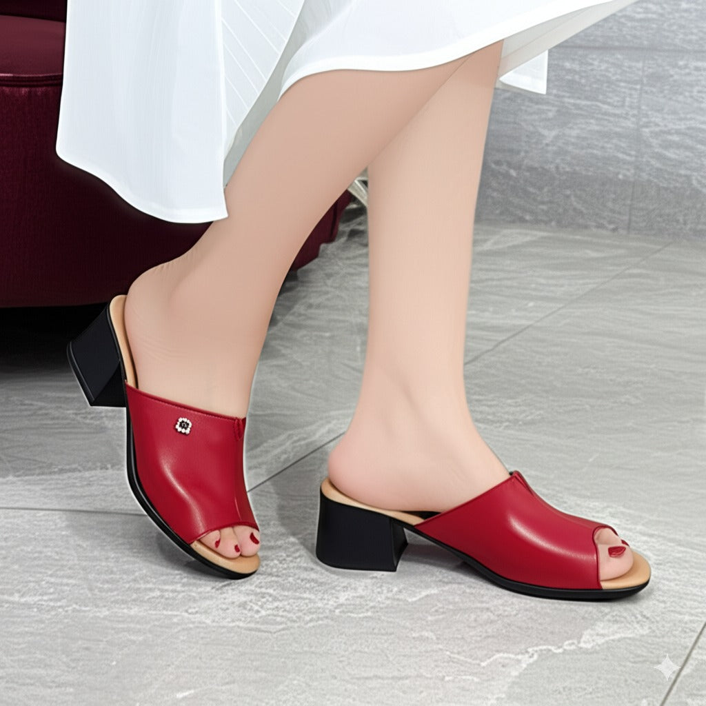 Red Leather Open Toe Block Heel Mules
