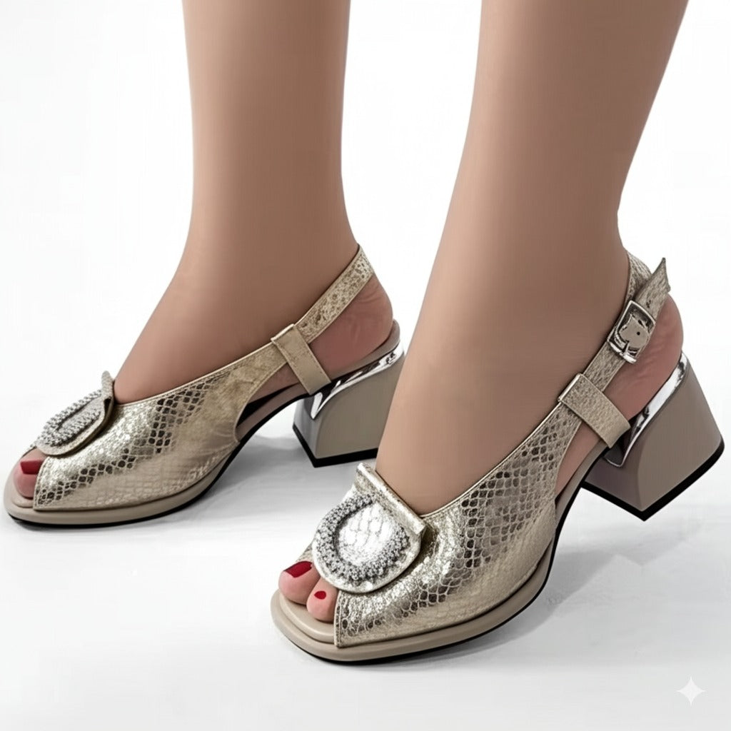 Glamorous Gold Snake Print Sandals