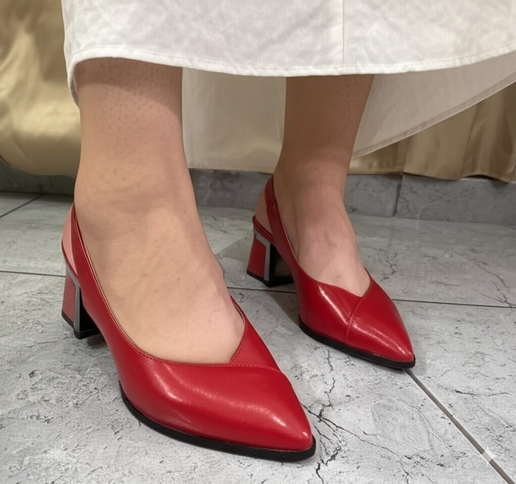 Red Leather Slingback Block Heel Pumps