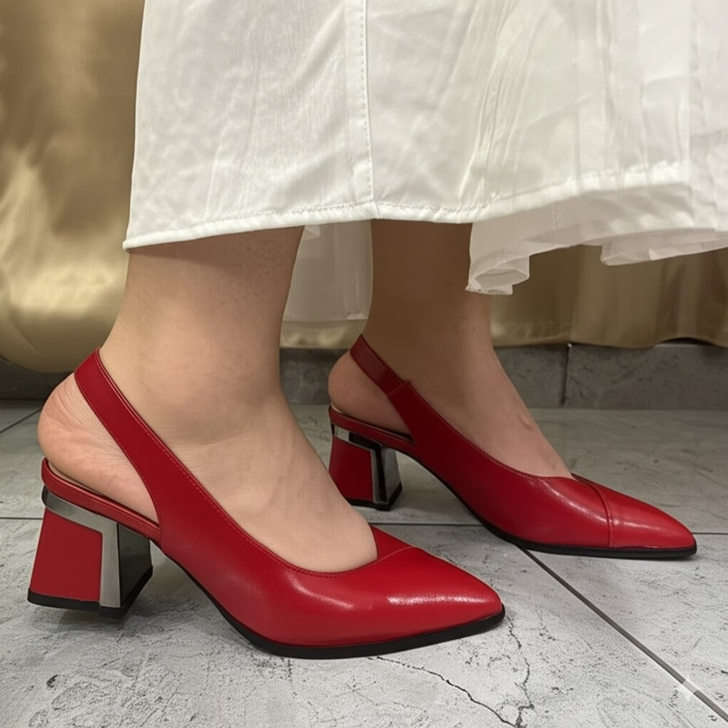 Red Leather Slingback Block Heel Pumps