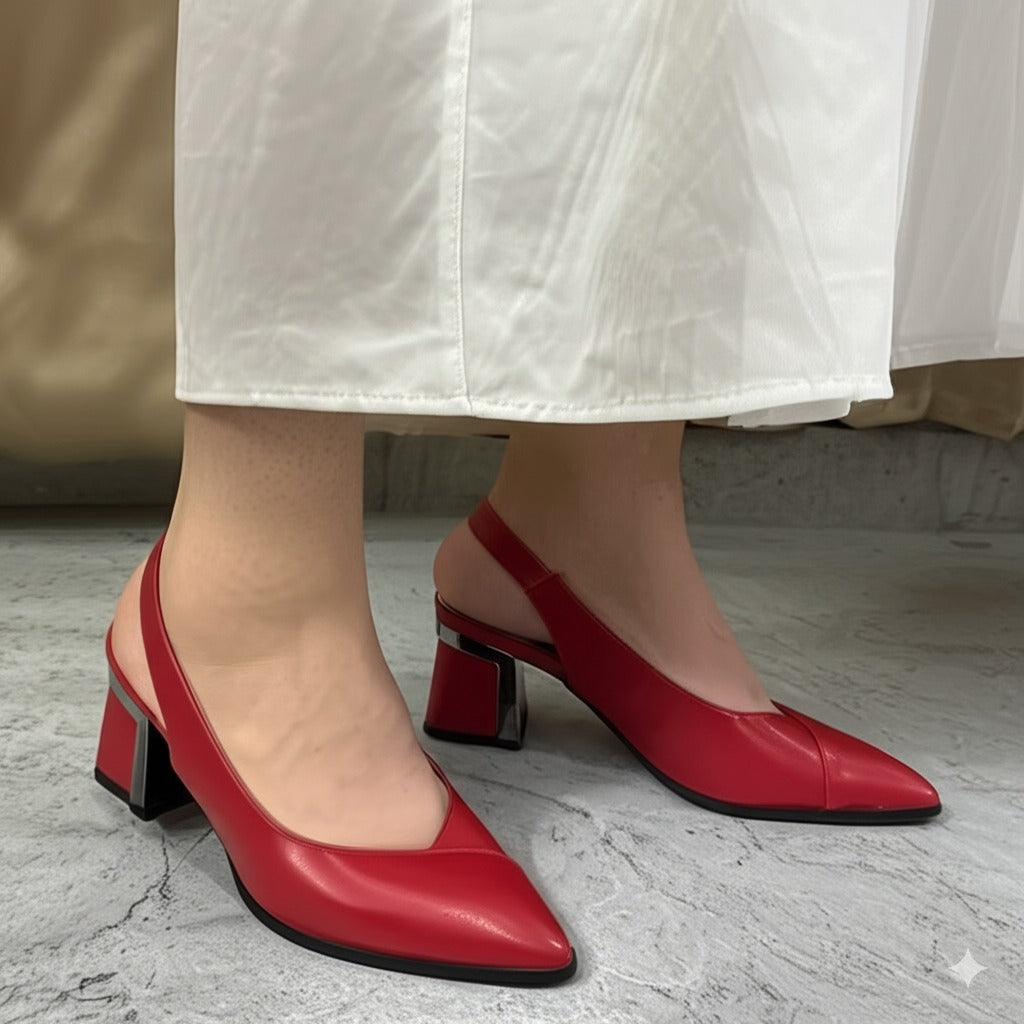 Red Leather Slingback Block Heel Pumps