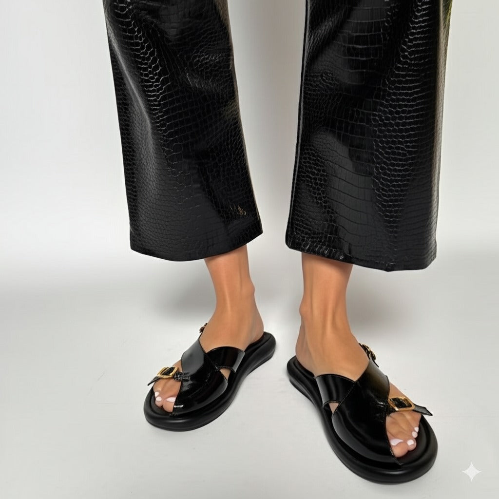 Black Leather Buckle Strap Sandals