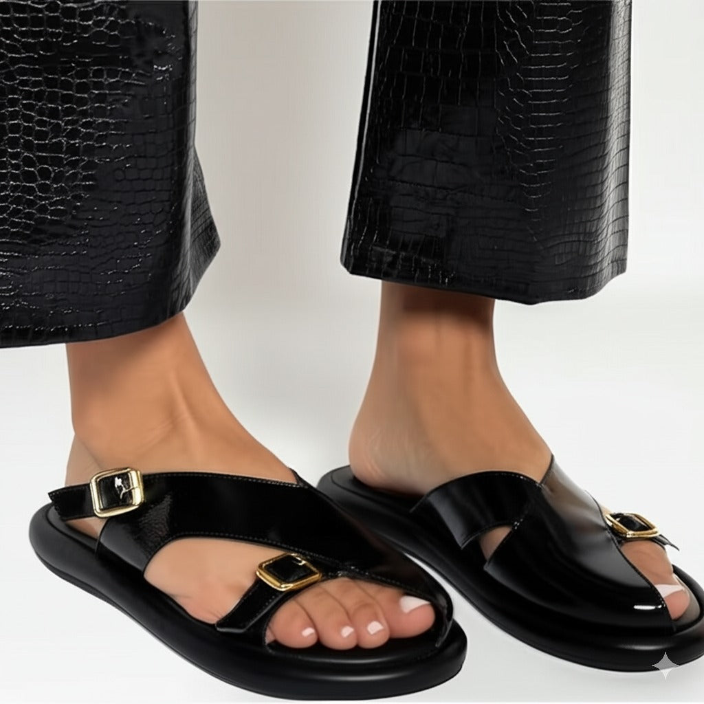 Black Leather Buckle Strap Sandals