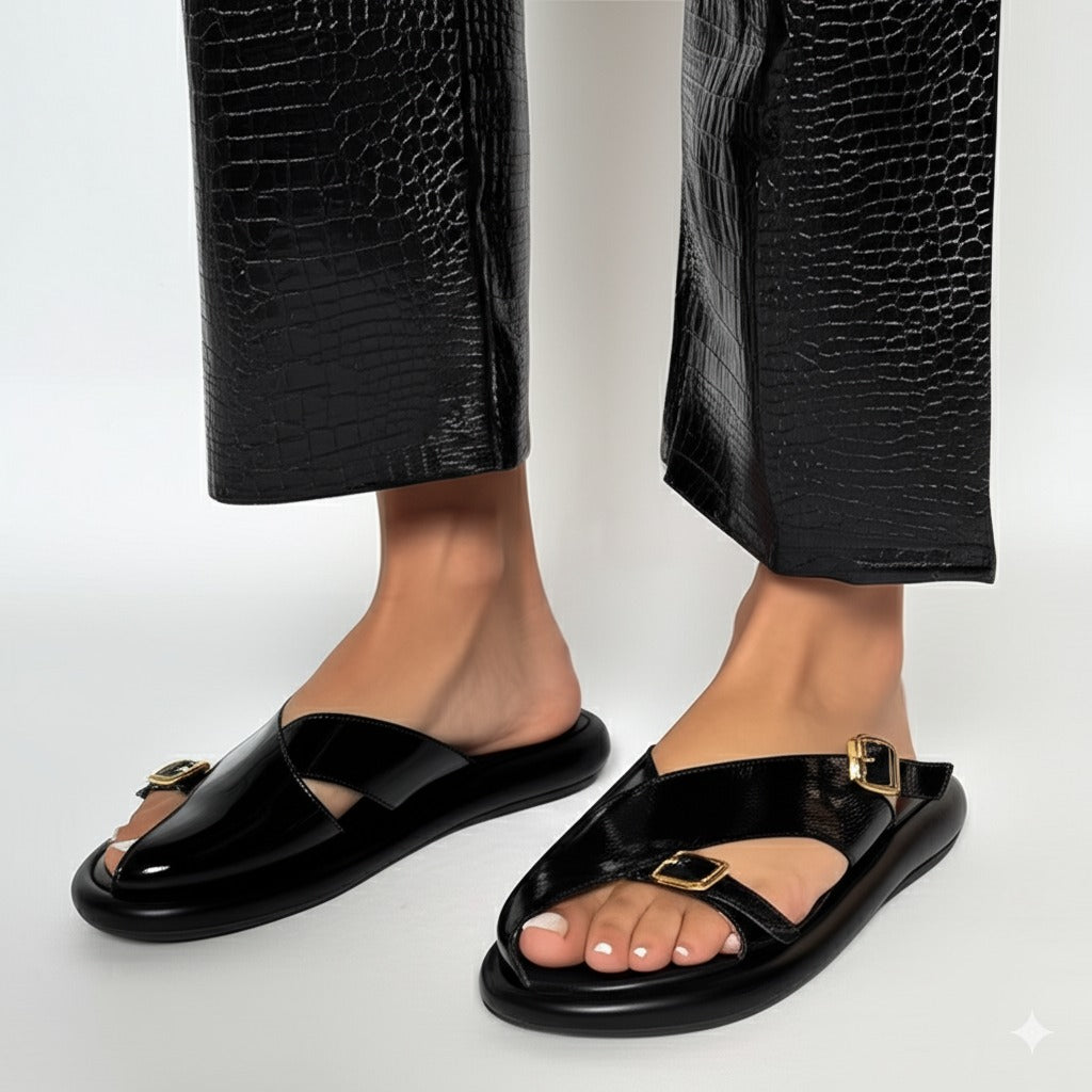 Black Leather Buckle Strap Sandals