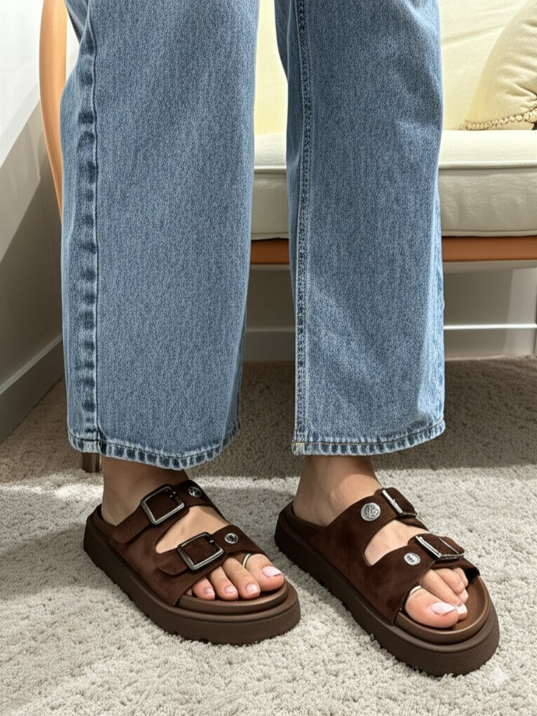 Brown Suede Double Buckle Thick Sole Sandals