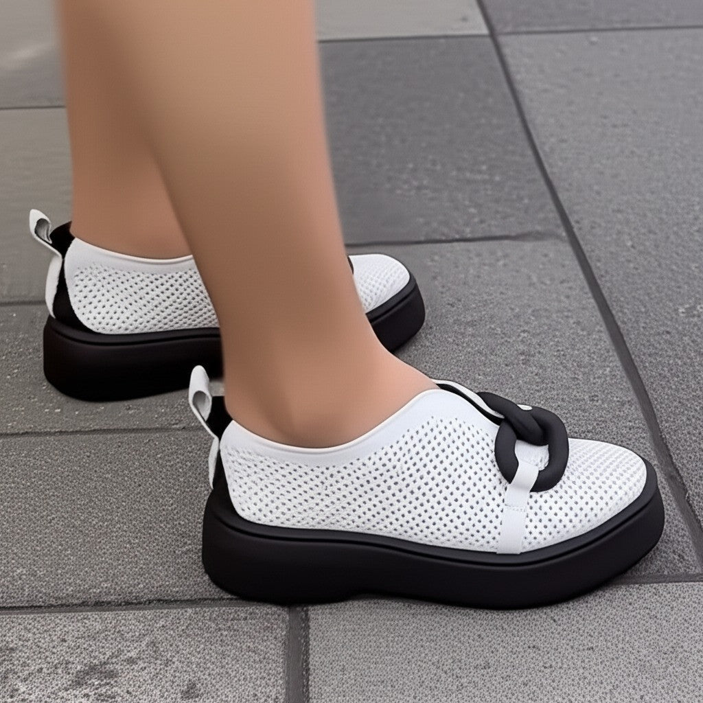White Mesh Platform Shoes with Black Trim Product Information