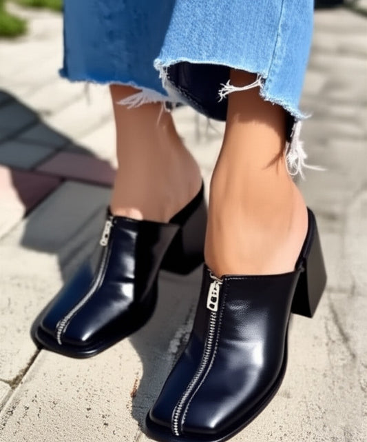 Zip Detail Block Heel Mules