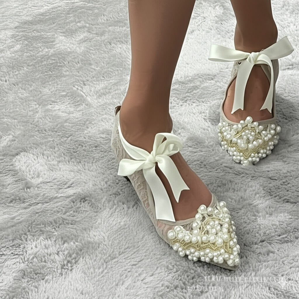 Lace - Up Pearl Embellished Ballet Flats