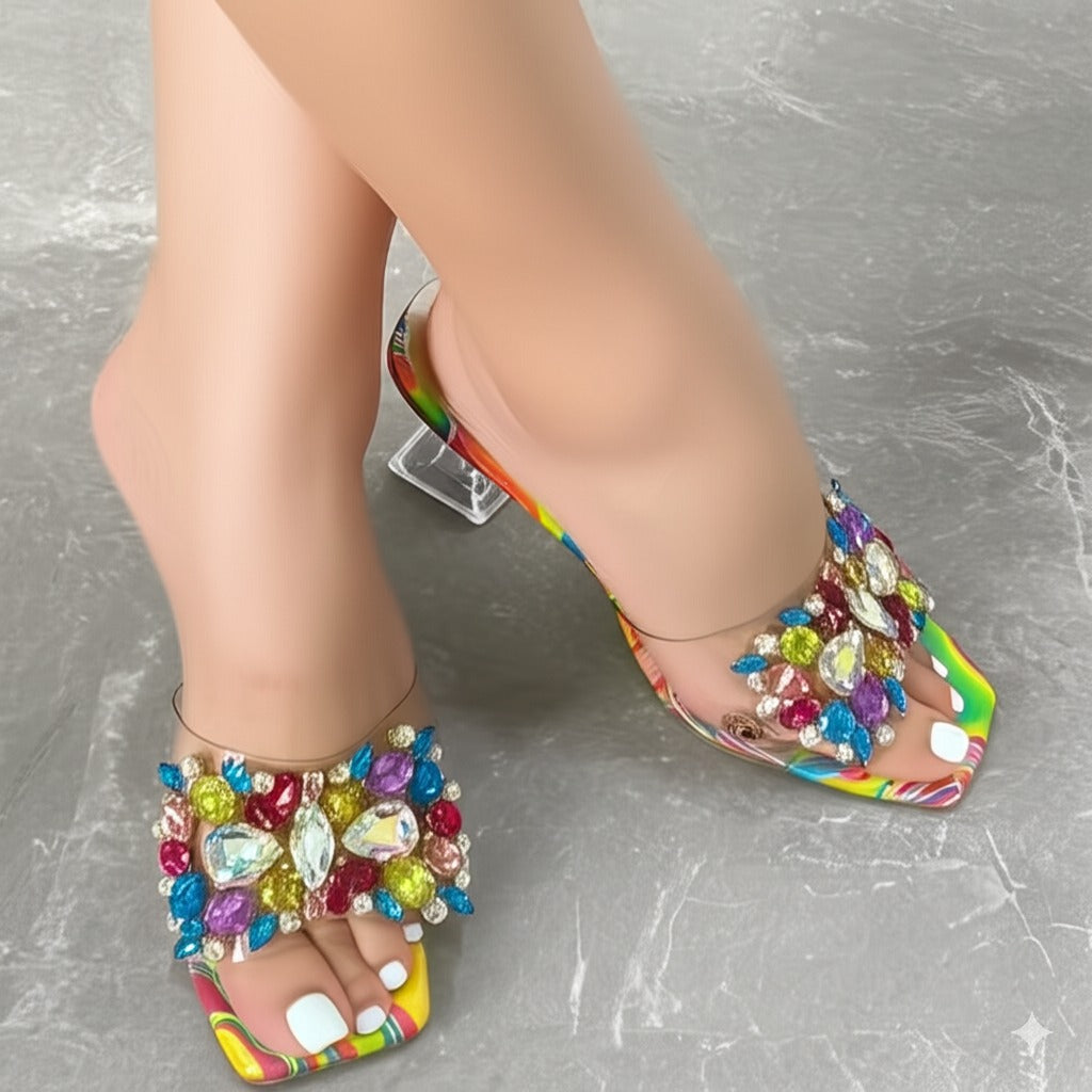 Colorful Rhinestone - Embellished Heeled Mules
