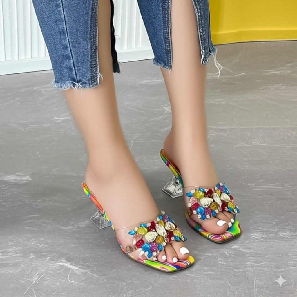 Colorful Rhinestone - Embellished Heeled Mules