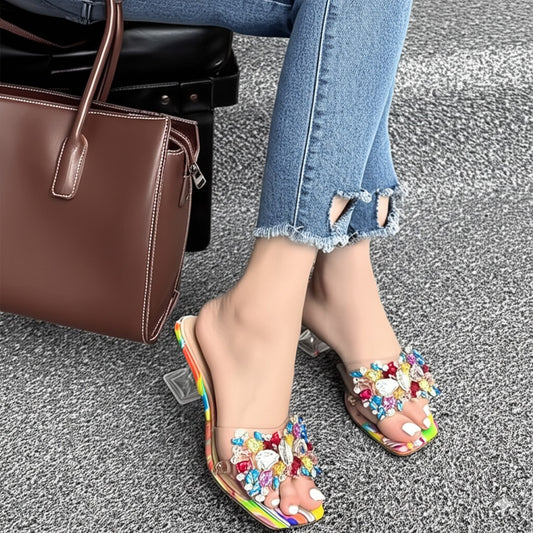 Colorful Rhinestone - Embellished Heeled Mules