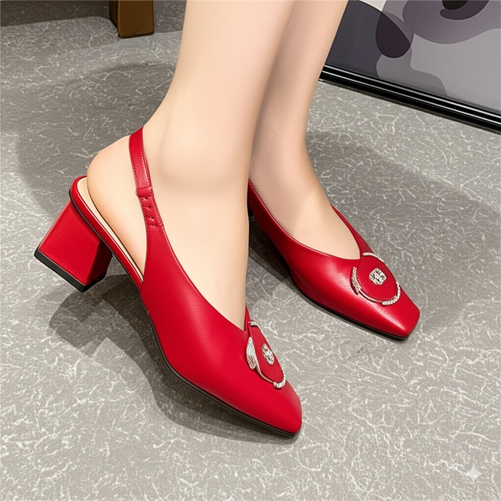 Leather Square - Toe Slingback Block Heels