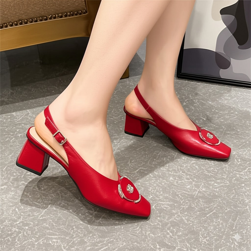 Leather Square - Toe Slingback Block Heels