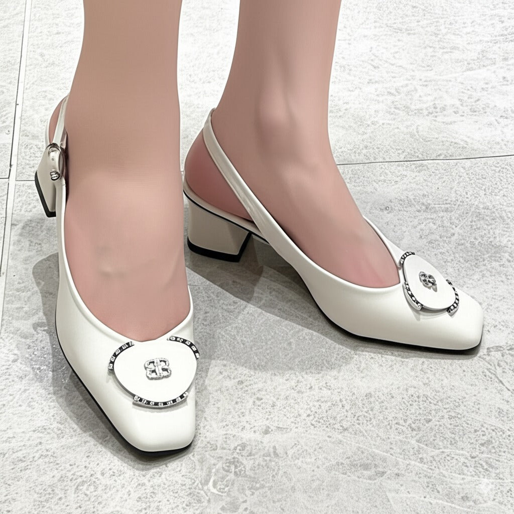 Leather Square - Toe Slingback Block Heels