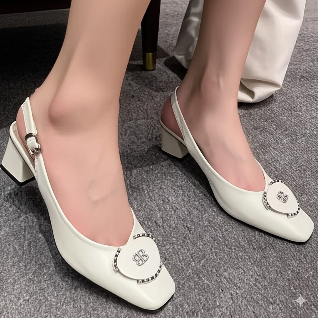Leather Square - Toe Slingback Block Heels