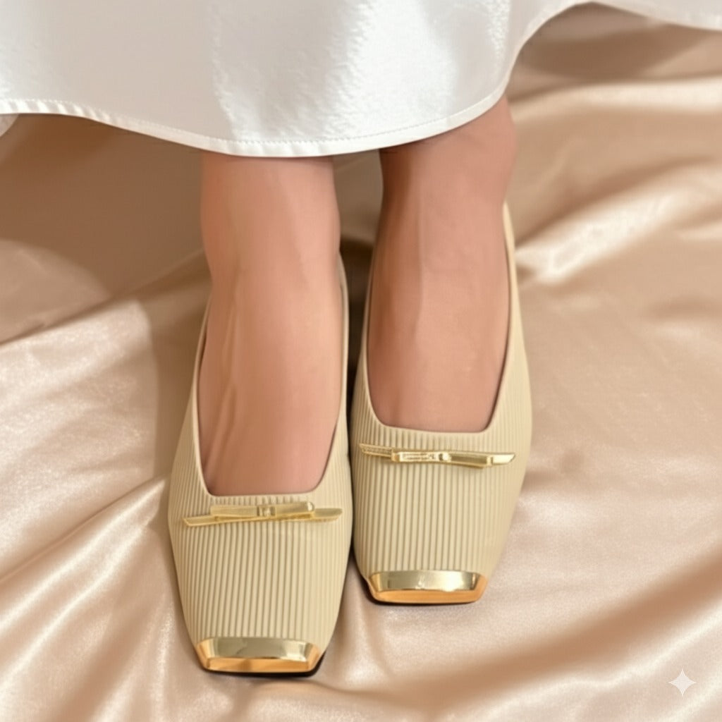 Square - Toe Ribbed Leather Flats With Gold Trim