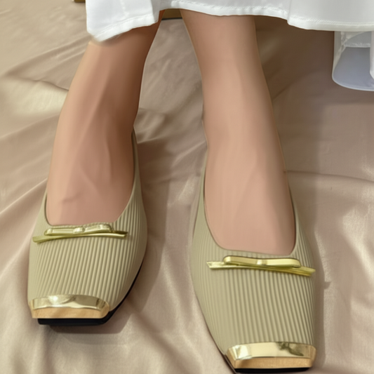 Square - Toe Ribbed Leather Flats With Gold Trim