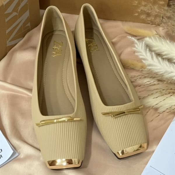 Square - Toe Ribbed Leather Flats With Gold Trim