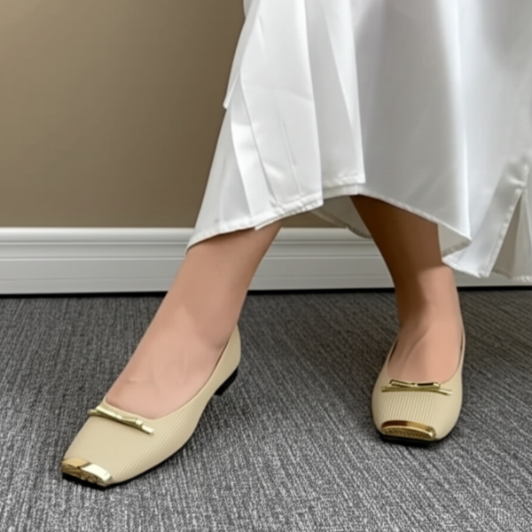 Square - Toe Ribbed Leather Flats With Gold Trim