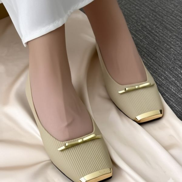 Square - Toe Ribbed Leather Flats With Gold Trim