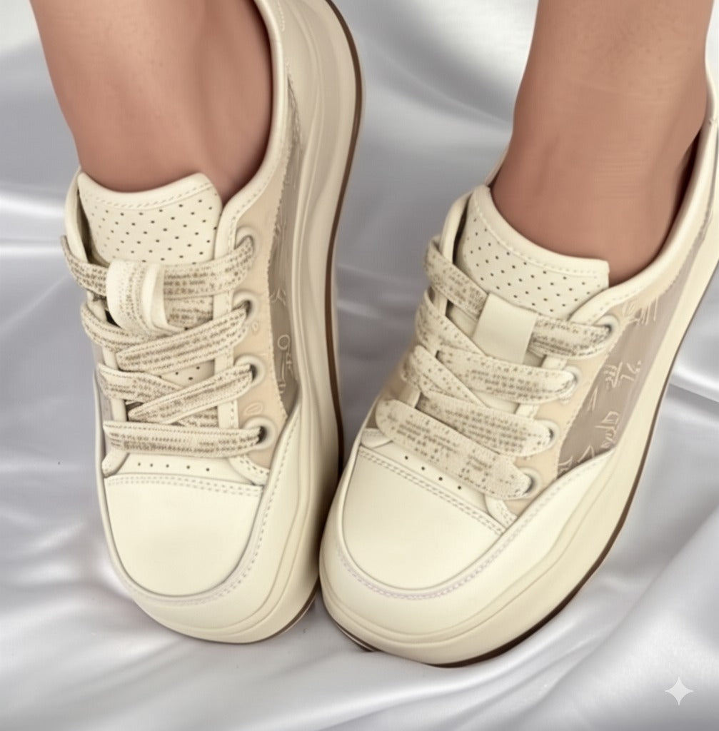 Beige Logo Print Platform Sneakers
