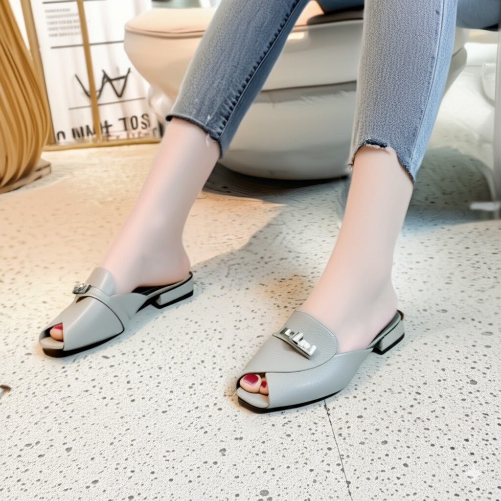 Leather Peep - Toe Mules