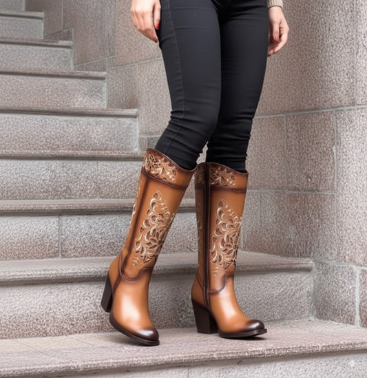 Embroidered Block Heel Knee High Boots