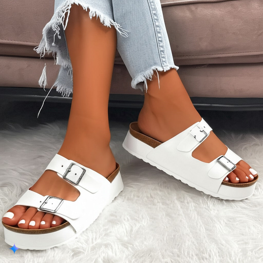 Trendy White Leather Buckle Slide Sandals