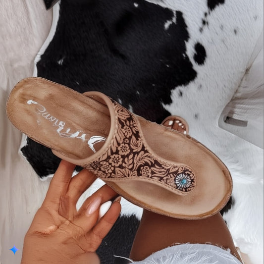 Embroidered Suede Slide Sandals With Gem Accent