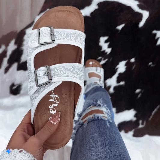 White Floral Buckle Mule Sandals