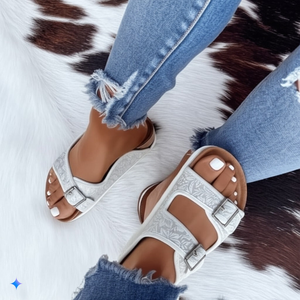 White Floral Buckle Mule Sandals