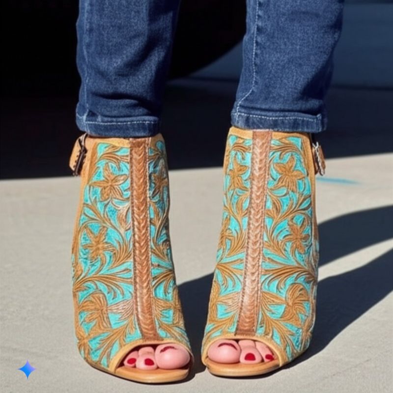 Embroidered Peep - Toe Ankle Booties