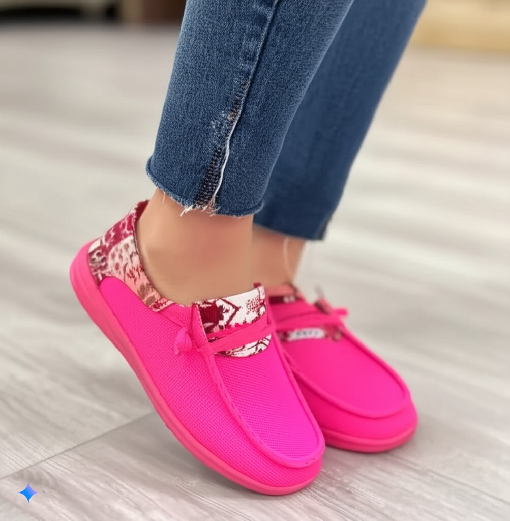 Pink Bow - Tie Loafers With Patterned Collar