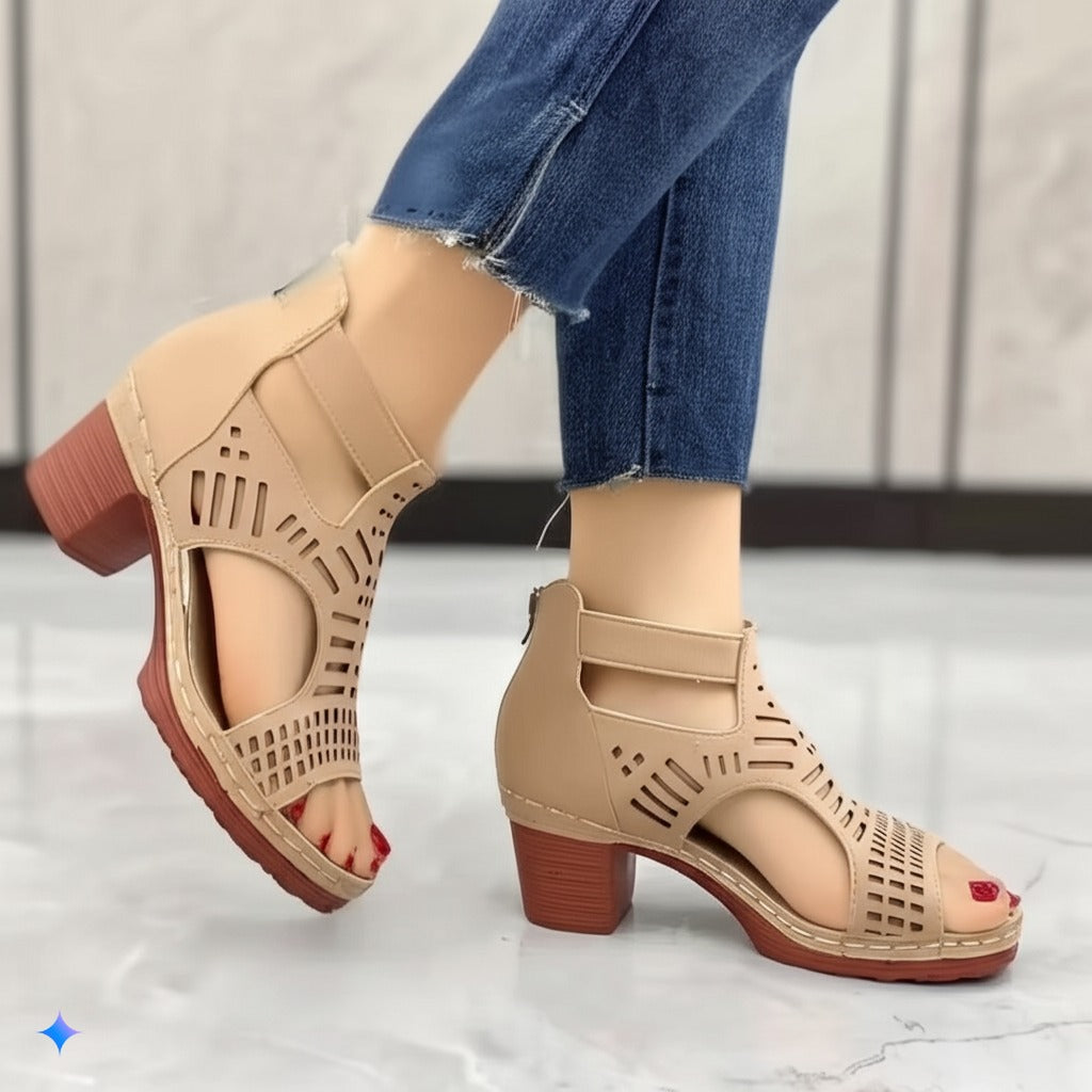 Beige Perforated Ankle Strap Block Heel Sandals