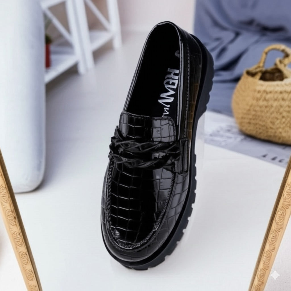 Black Croc - Embossed Platform Loafers