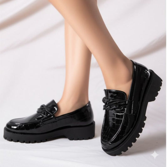 Black Croc - Embossed Platform Loafers