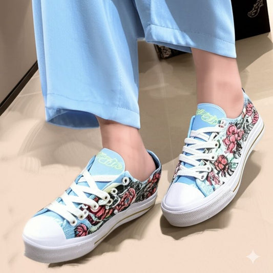 Floral And Skull Print Canvas Sneakers