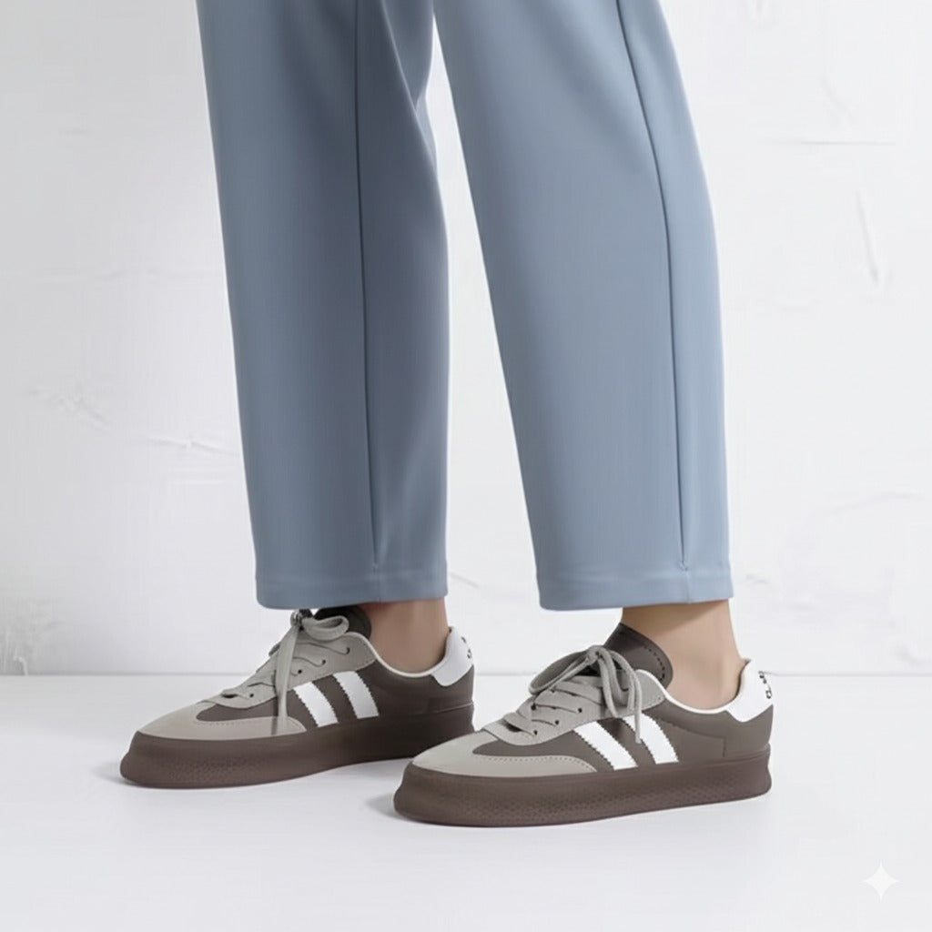 Grey and White Striped Chunky Sole Sneakers