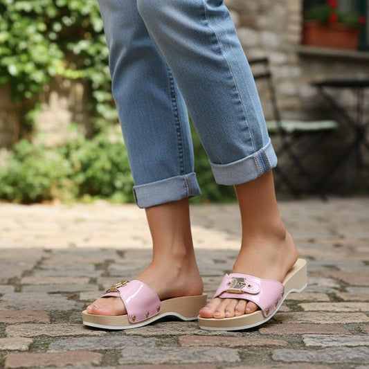 Buckle Accent Wooden Wedge Slides