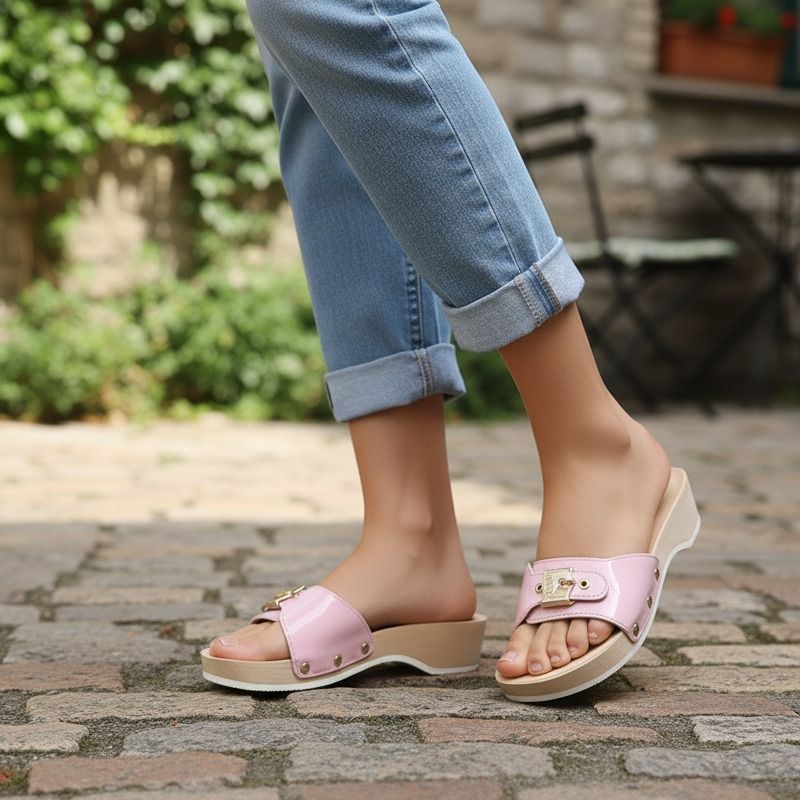 Buckle Accent Wooden Wedge Slides