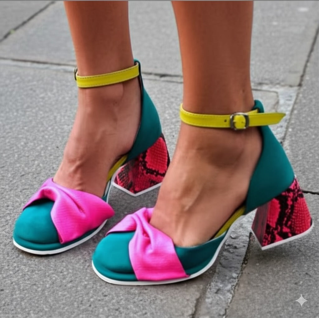 Color Block Ankle Strap Block Heel Shoes