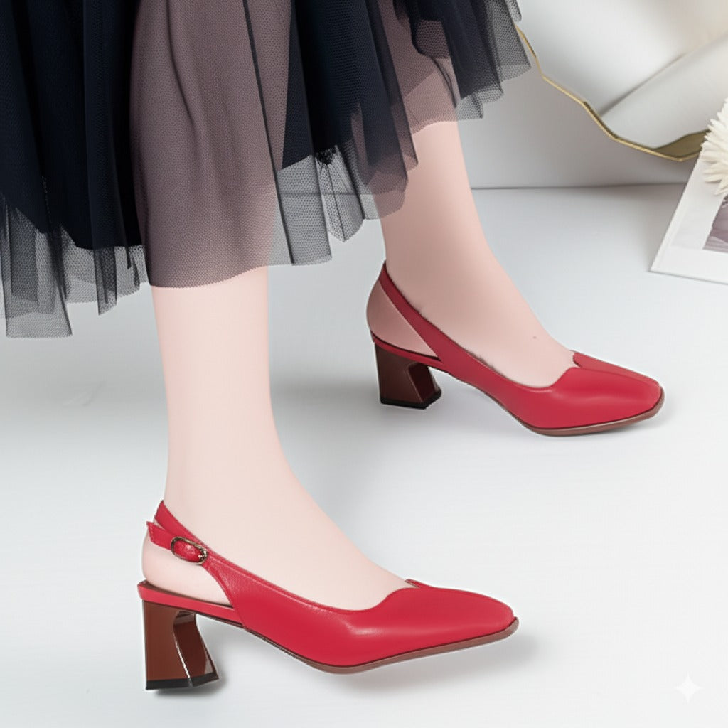 Red Leather Slingback Block Heel Pump
