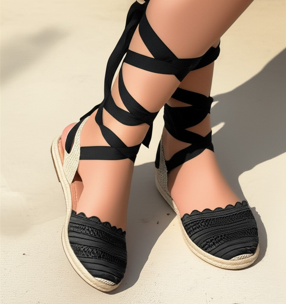 Woven Cutout Heap Tie-up Sandals